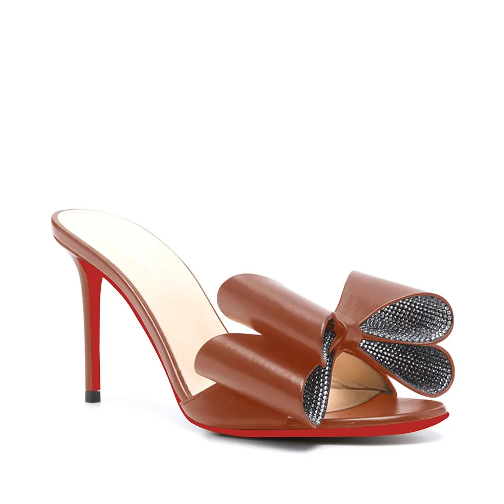 100mm/3.94 Inch Women's High Heel Mules Rhinestone Bowknot Backless Stiletto Heel Slippers Sexy Summer Heeled Red Bottom Sandals-vocosishoes