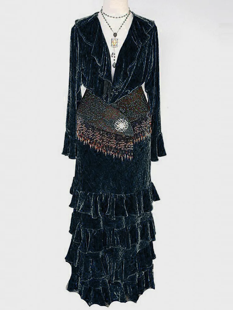 Vintage Shawl Neck Tribal Pattern Tiered Ruffle Velvet Maxi Dress