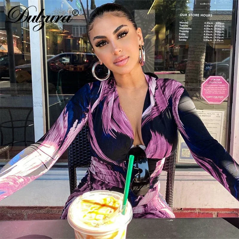 Dulzura tie dye print women midi dress deep v neck bodycon sexy party streetwear 2019 autumn winter clothes Christmas elegant