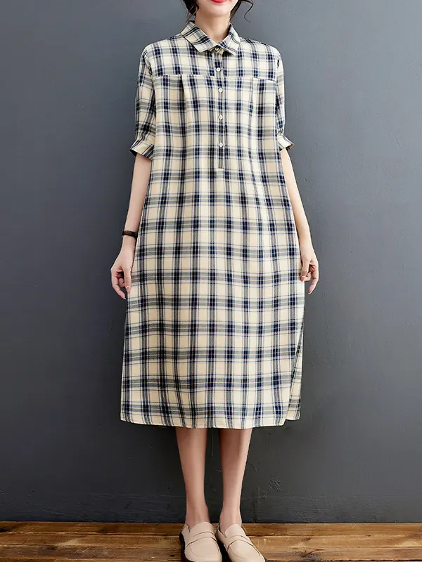 Lapel Plaid Half-Sleeved Dress