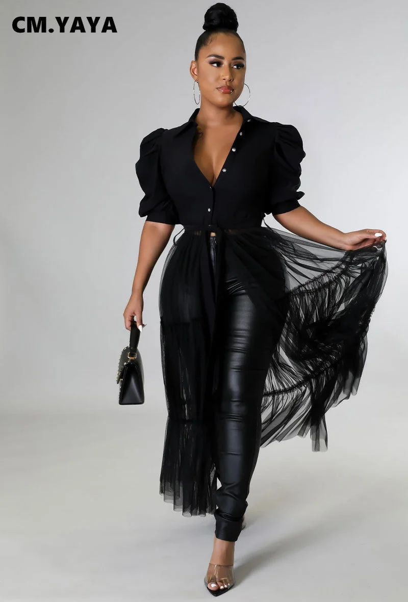 CM.YAYA Women Elegant Mesh Patchwork Lantern Short Sleeve High Waist Single Breasted Shirt Style Long Maxi Dress 2022 Summer