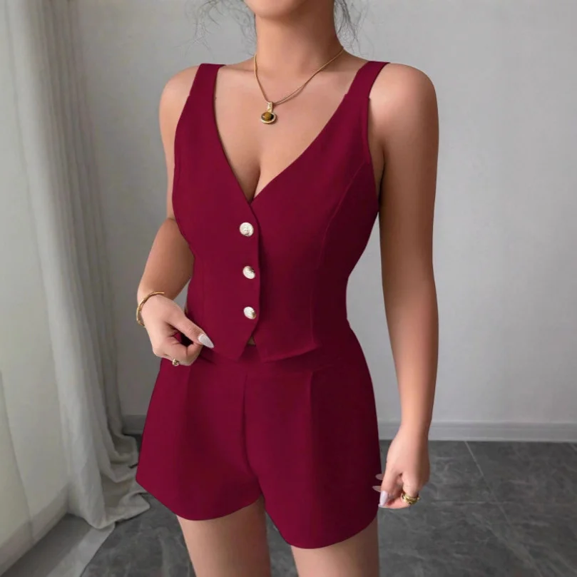 Nigikala Nigikala Temperament Thin Commuter Vest Shorts Solid Color Two-Piece Set