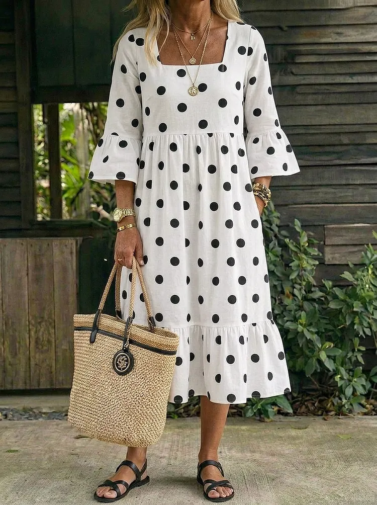 Women&rsquo;s Casual Polka-dot Flared Sleeves Square Neck Cotton Maxi Dress