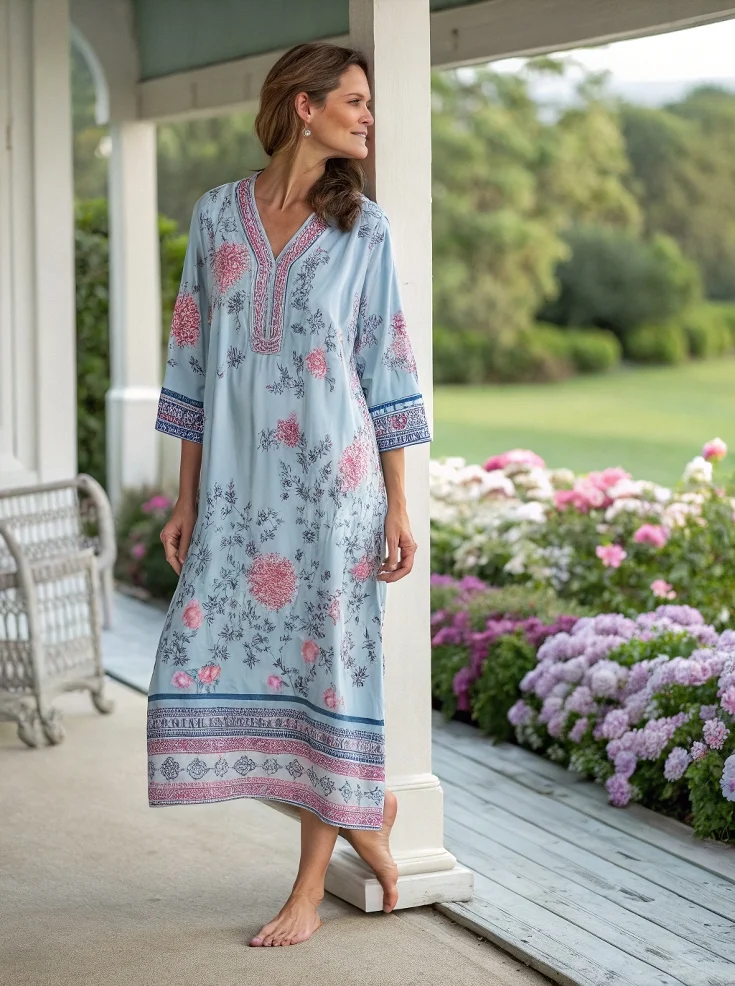 Blue Ethnic Print Cotton Nightdress