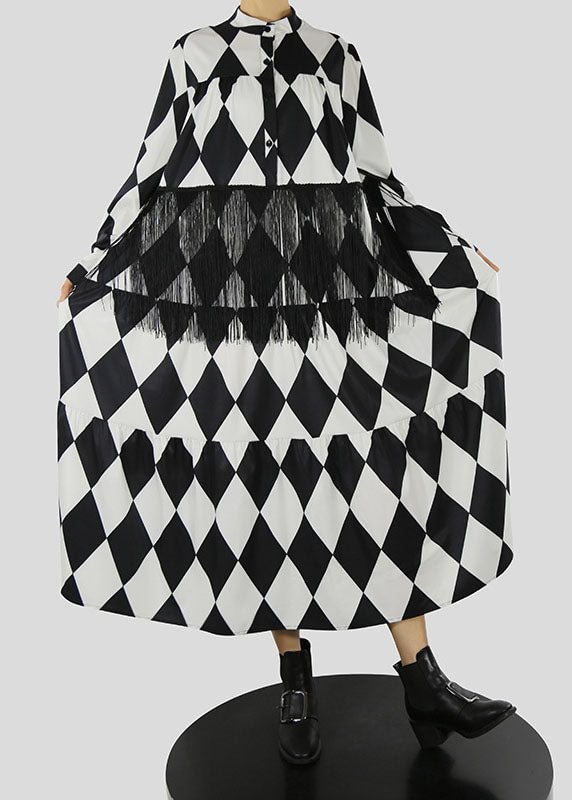 Loose Black Stand Collar Tassel Print shirt Dress Spring CK2344- Fabulory
