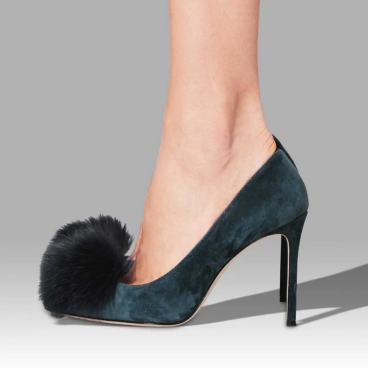 Teal Pom Pom Pointed Toe Stiletto Heels Vdcoo