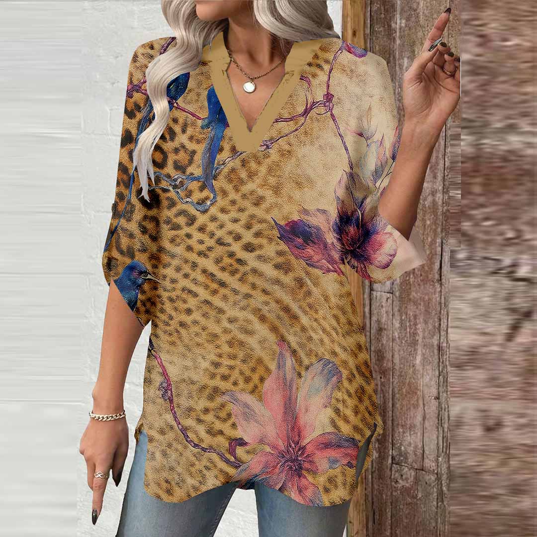 Women Bird, Flower, Brown DZGA0482 3/4 Sleeve V-neck Printed Graphic Button Tops