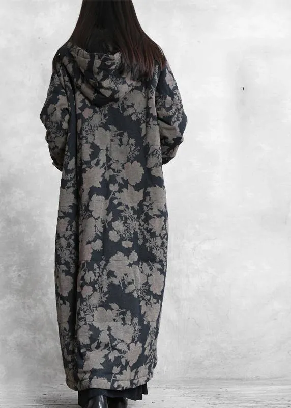 Luxury plus size snow coats black print hooded Button Down women parka