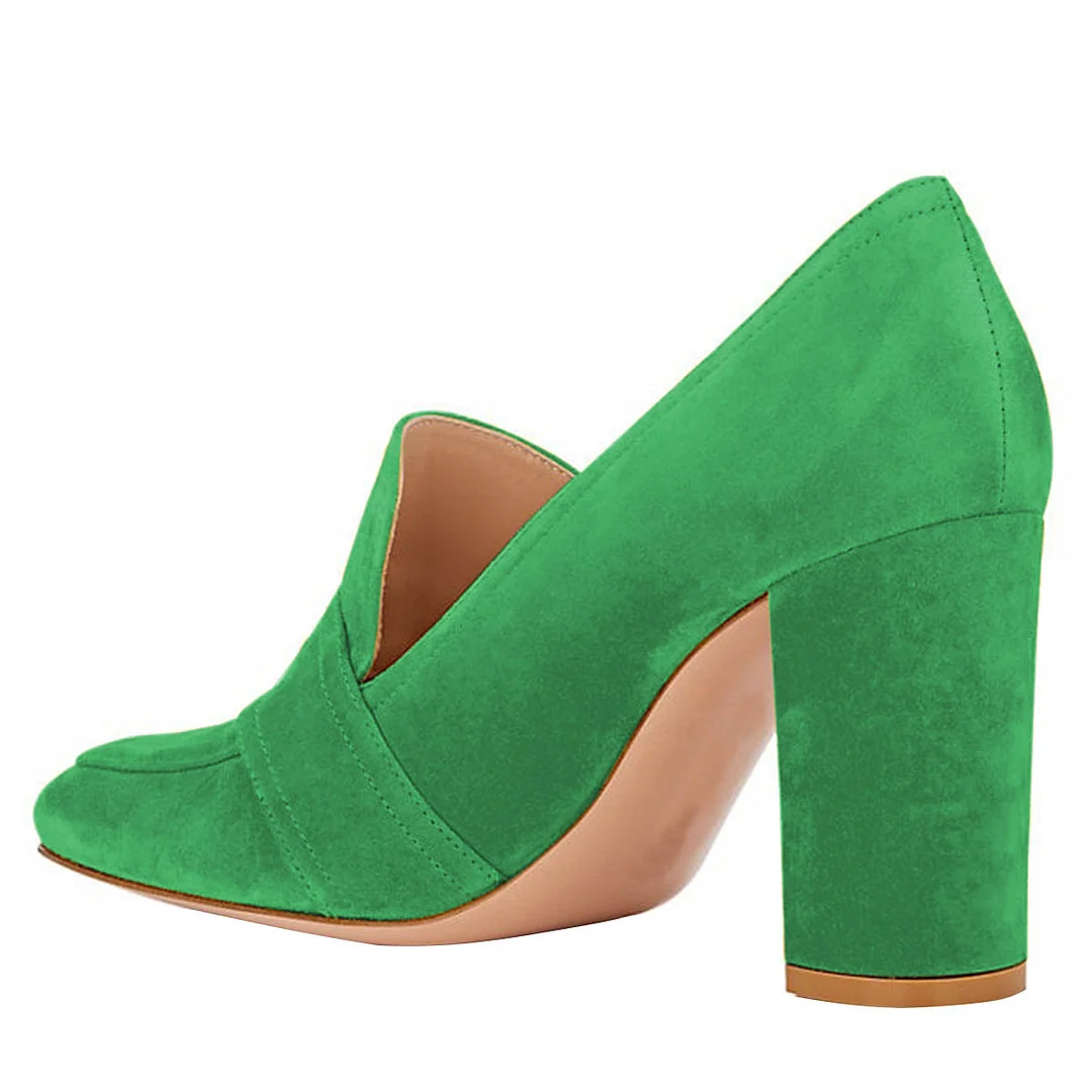 Green Vegan Suede Chunky Heel Square Toe Buckle Loafer Shoes Women