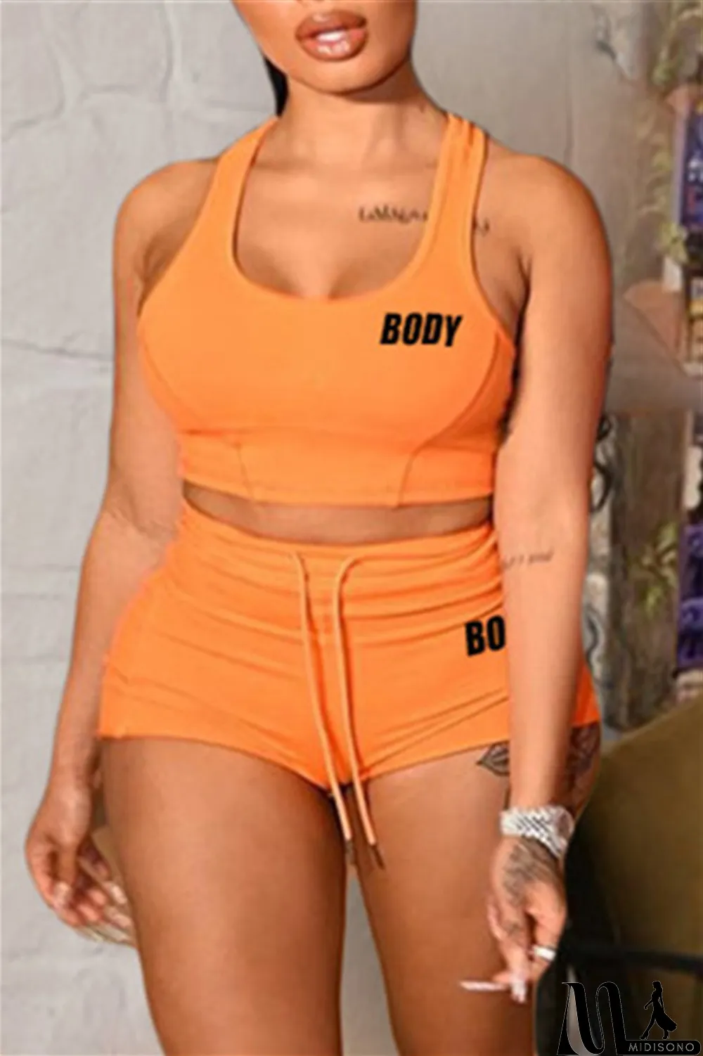 MidiSono - Orange Fashion Casual Letter Print Basic U Neck Sleeveless Two Pieces