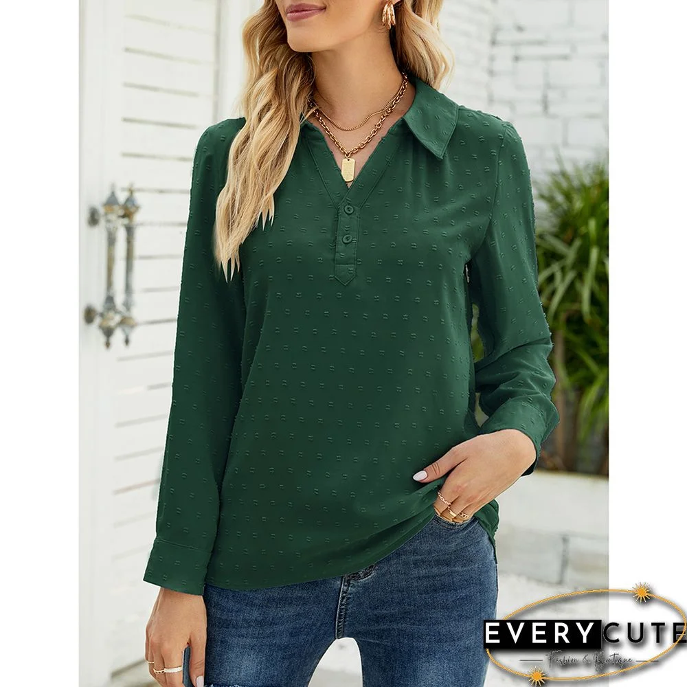 Green Swiss Dot V Neck Jacquard Long Sleeve Tops