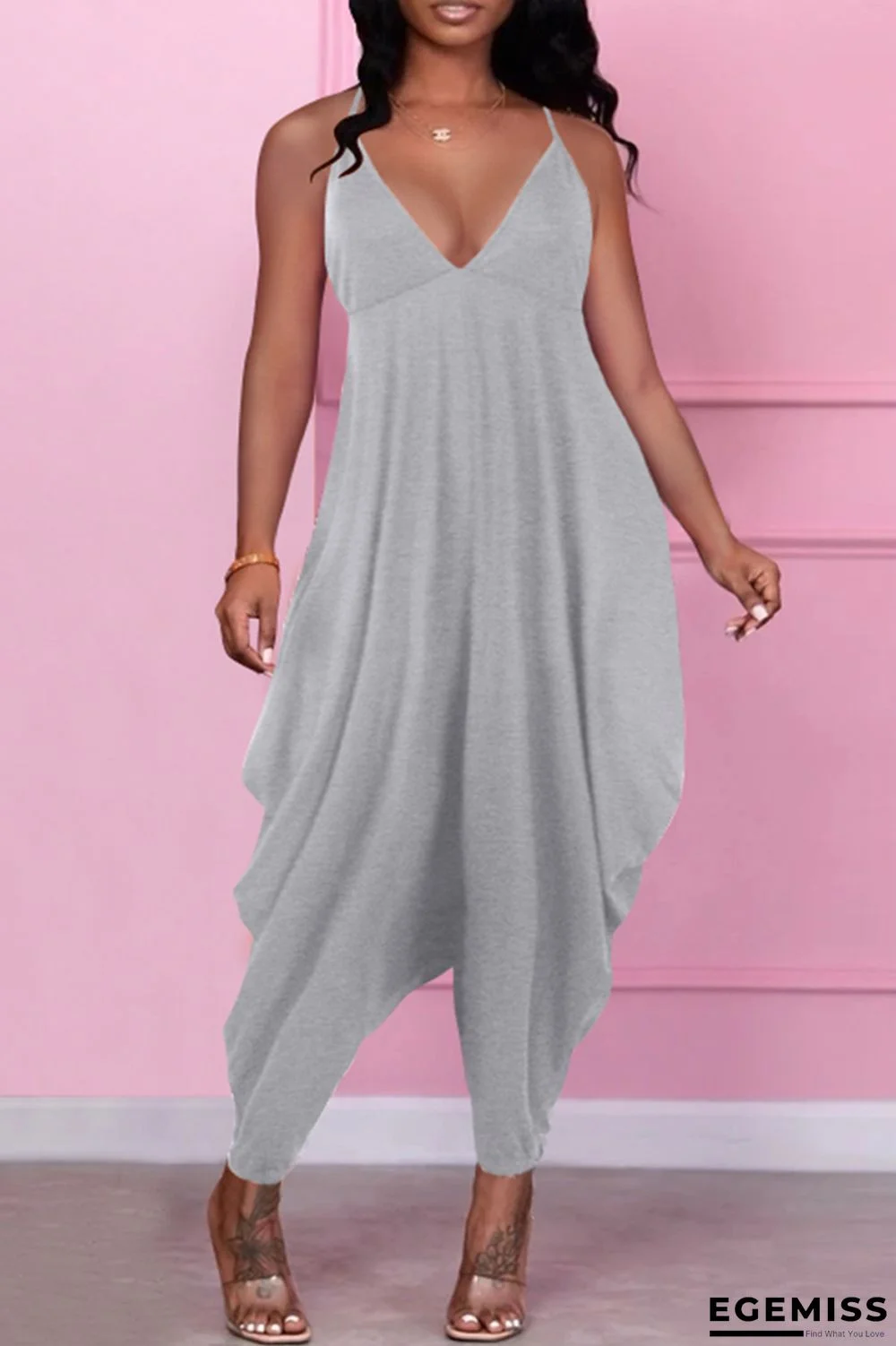 Grey Sexy Casual Solid Backless Spaghetti Strap Regular Jumpsuits | EGEMISS