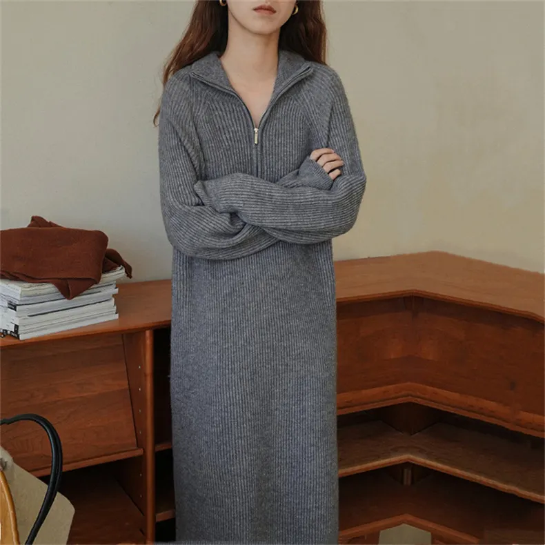 Churchf Churchf Lapel Half Zipper Wool Dress 2024 Autumn And Winter New Style With Loose Casual Long Knit Bottom Shirt Women