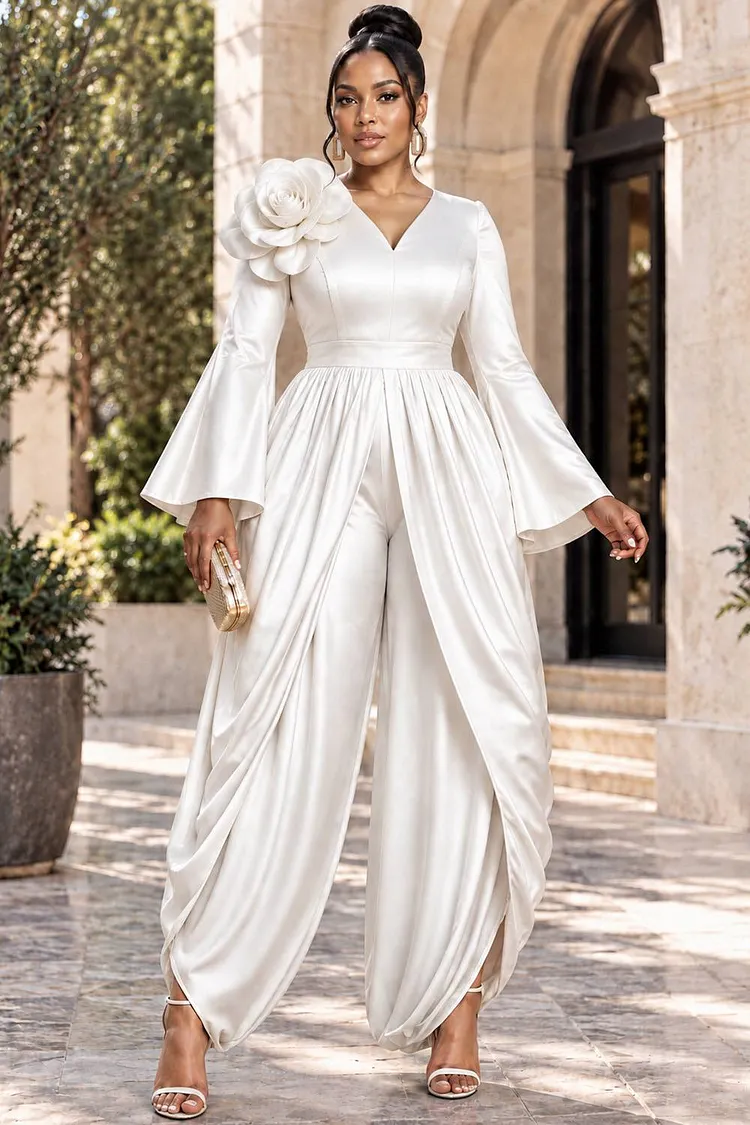 Xpluswear Design Plus Size Cocktail Party White V Neck Flare Long Sleeve Crossover Hem 3D Satin Jumpsuits [Pre-Order] 2024 - Xpluswear