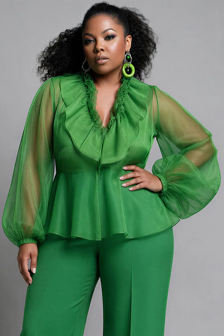 Xpluswear Design Plus Size Business Casual Green V Neck Lantern Sleeve Long Sleeve Ruffle See Through Organza Blouses [Pre-Order] 2024 - Xpluswear