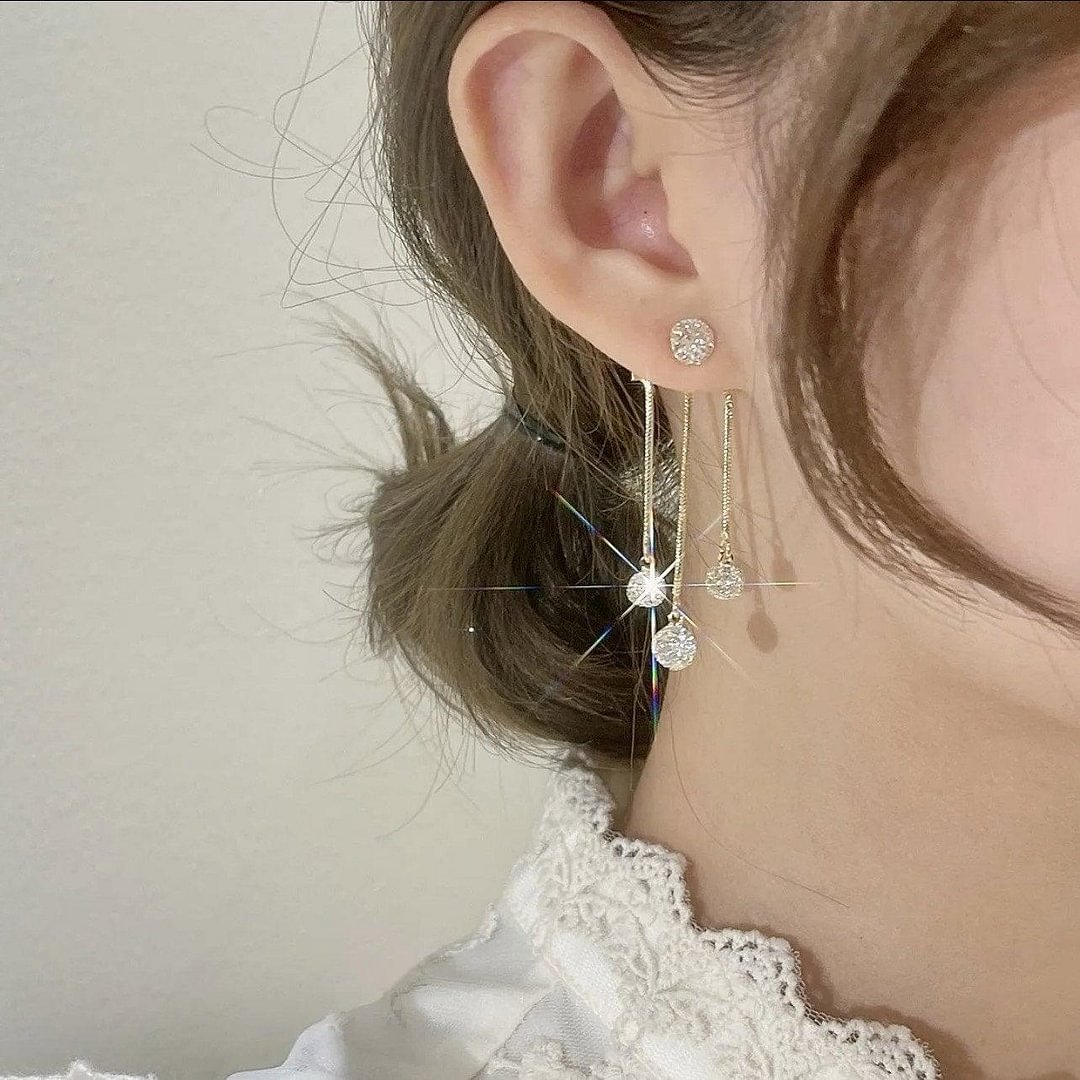 Three Diamond Long Chain Tassel Earrings