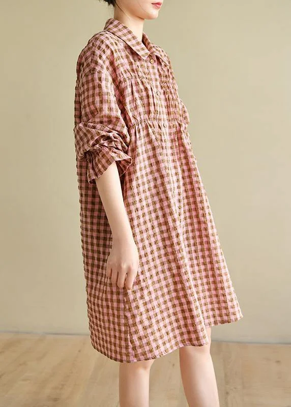 Natural Pink Plaid Cotton Cinched Spring Dresses