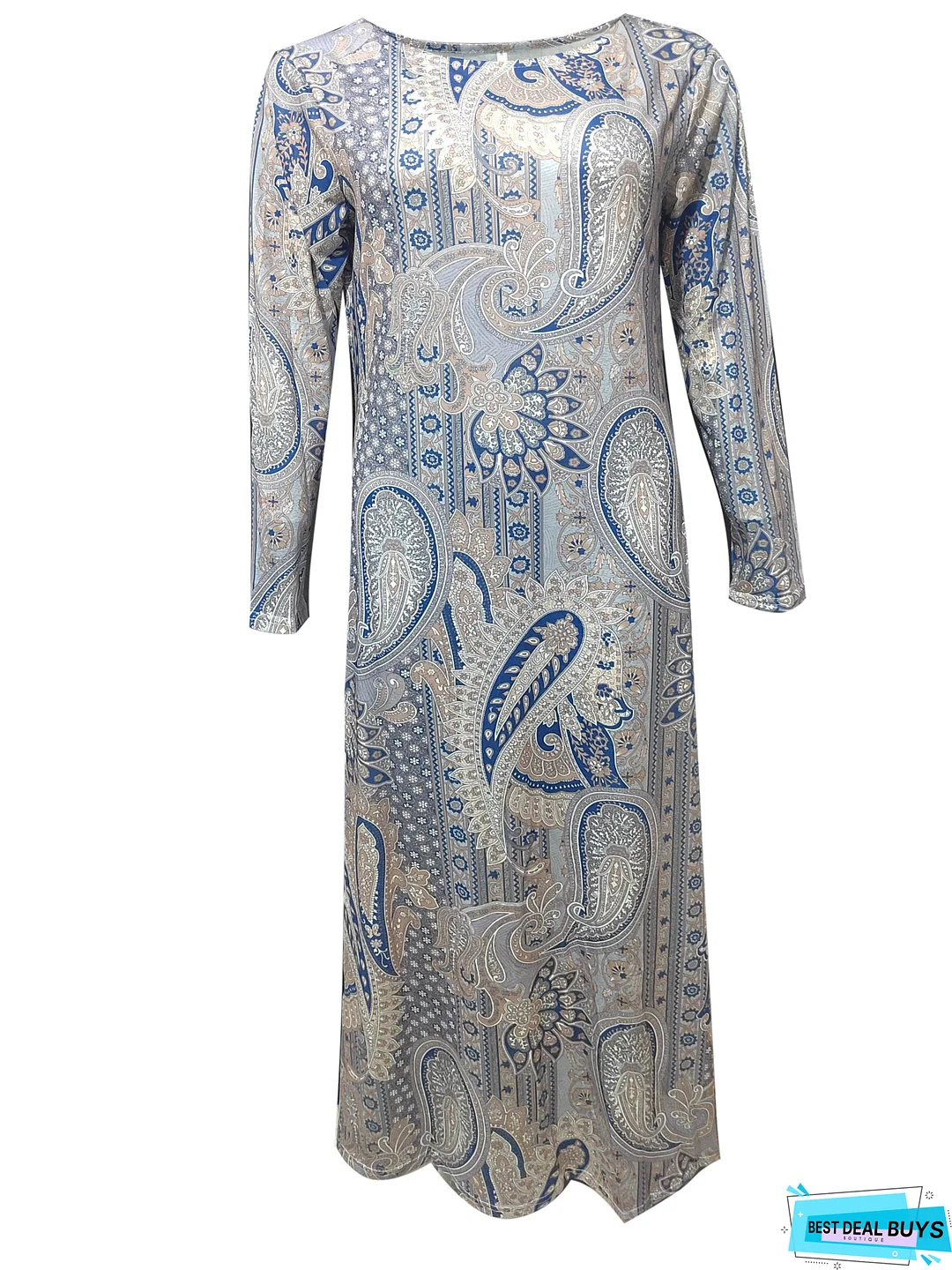Paisley Print Maxi Dress, Boho Crew Neck Long Sleeve Maxi Dress, Women's Clothing