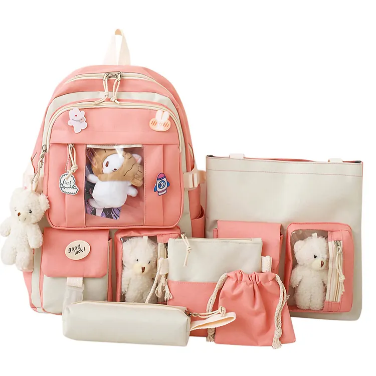 Sanmadrola 5PCS School Backpacks for Girls Cute Plush Bear Girls Backpack Set with Pendants and Pins Accessories Kawaii Laptop Bag Kindergarten School Bags for Girls