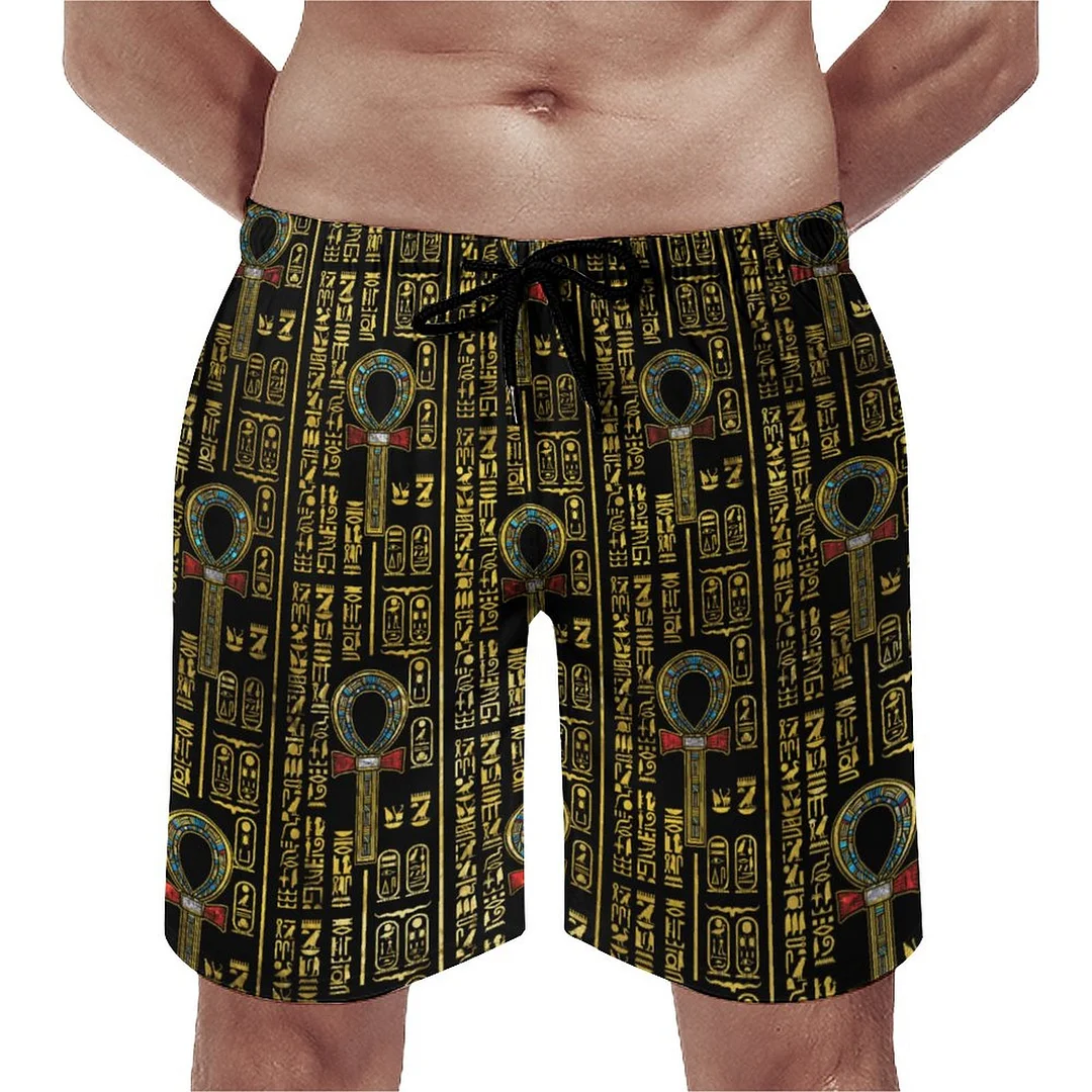 Ankh And Egyptian Hieroglyphs Men's Swim Trunks Summer Board Shorts Quick Dry Beach Short with Pockets