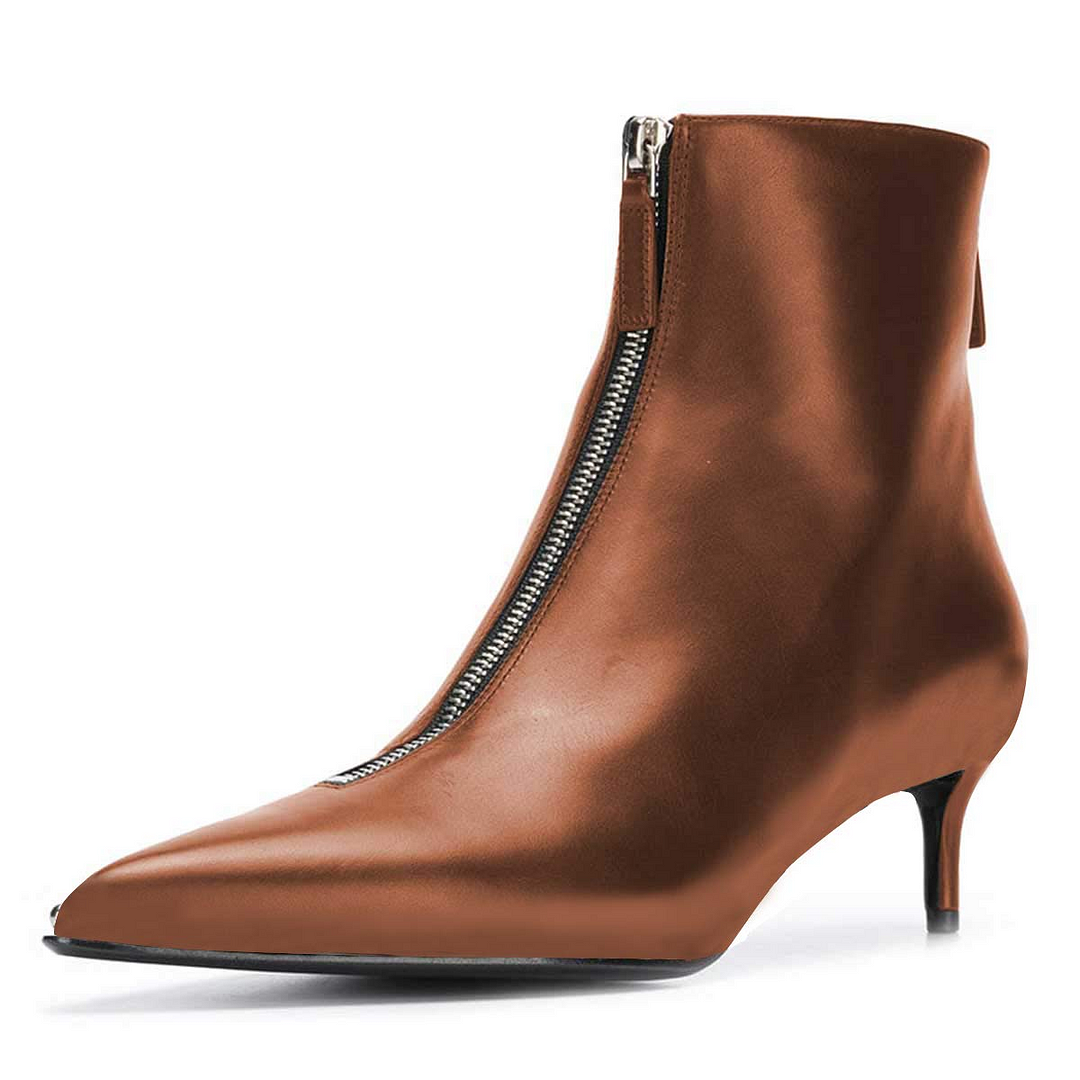 Brown Pointed Toe Zipper Ankle Boots Kitten Heels Nicepairs