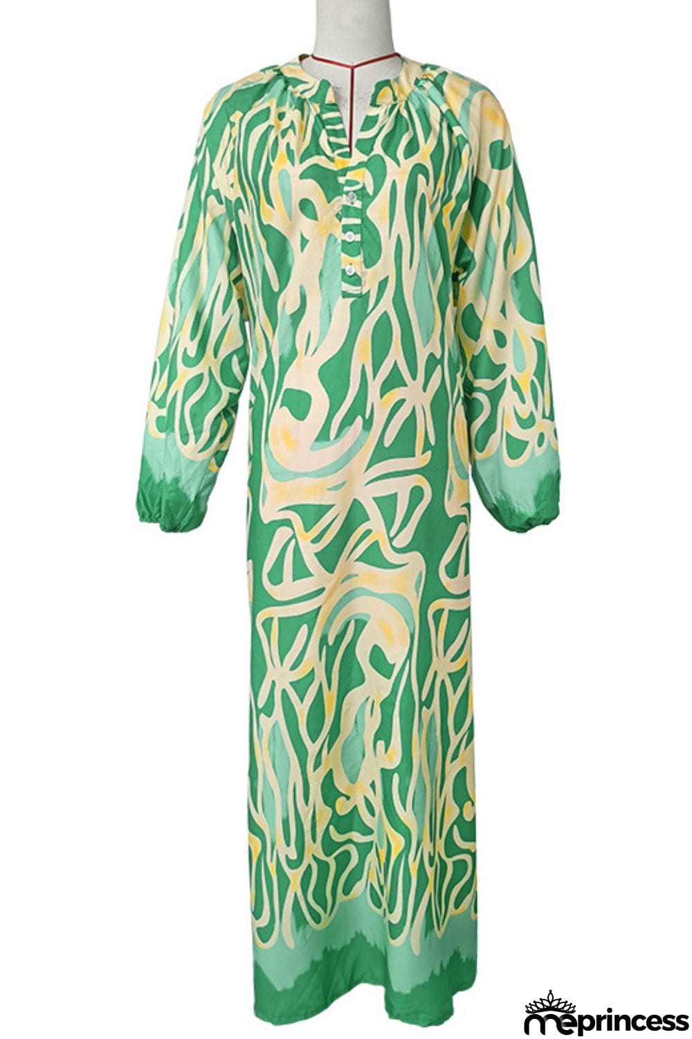 Abstract Print Buttoned Balloon Sleeve Dress