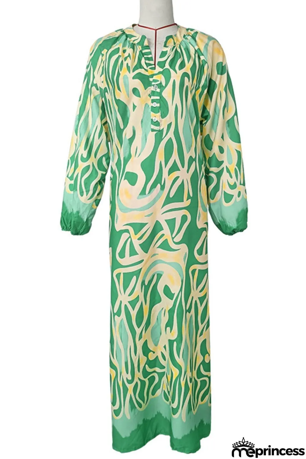 Abstract Print Buttoned Balloon Sleeve Dress