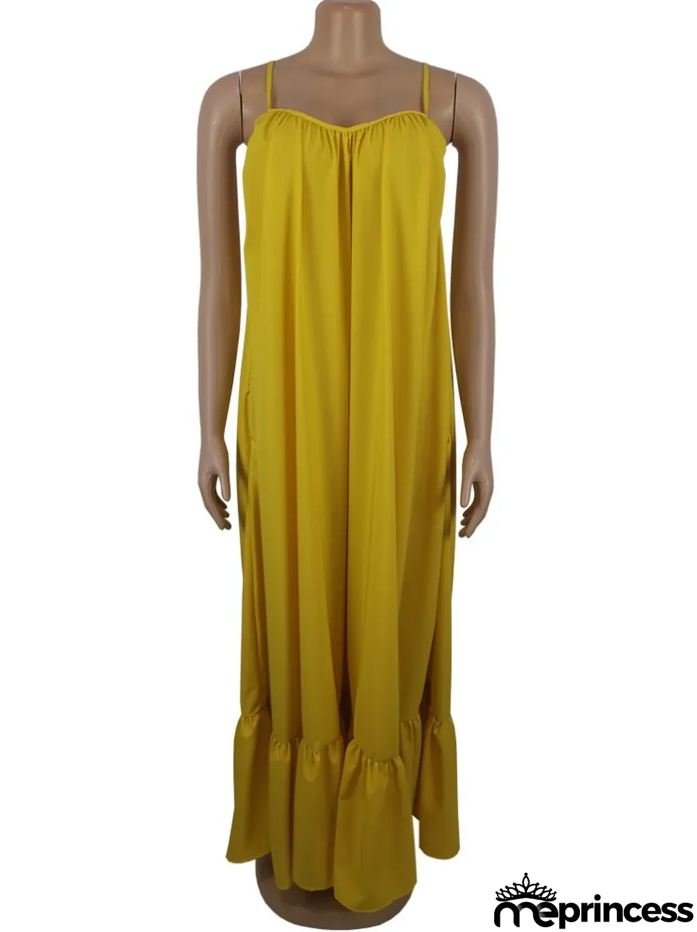 Women Summer Yellow Strap Solid Color Boho Swing Long Maxi Dress