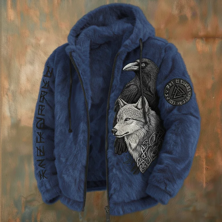 Men's Viking Tribal Jacquard Celtic With Crows & Wolves Inspired Plush Warm Zipped Hooded Jacket