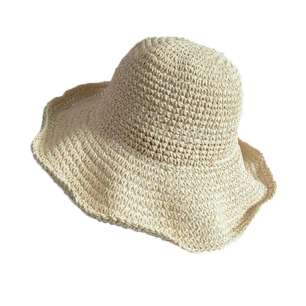 Hoilday Floppy Straw Hat Women Wide Brim Beach Foldable Bow Flower Straw Sun Hat