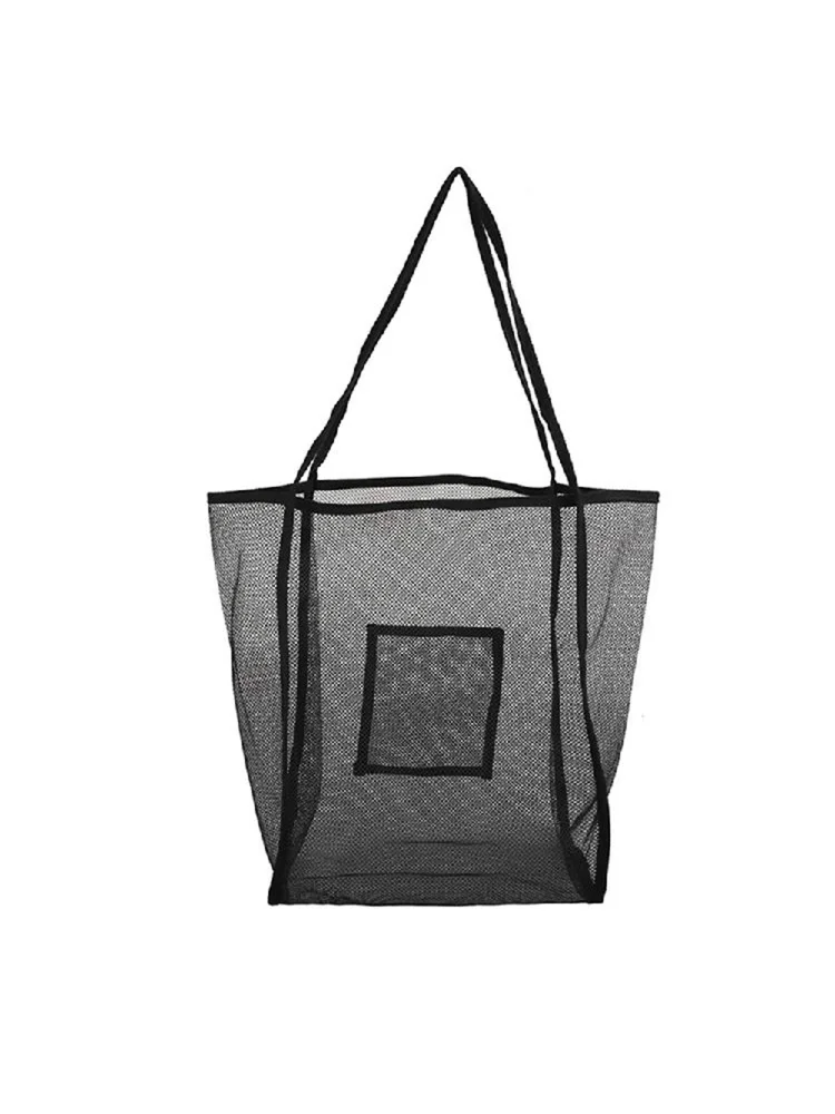 Women Mesh Beach Shoulder Bag Big Capacity Sports Fitness Handbags (Black)