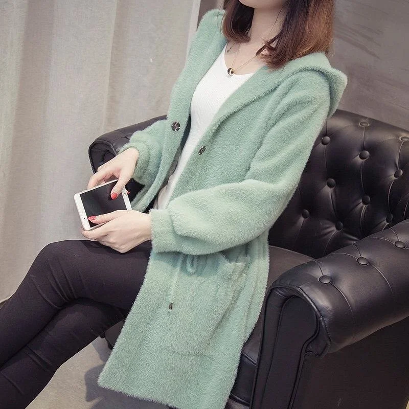 Autumn And Winter New Mink Like Cashmere Coat Women's Cardigan Korean Hooded Loose Medium Length Mink Sweater Coat Thickened
