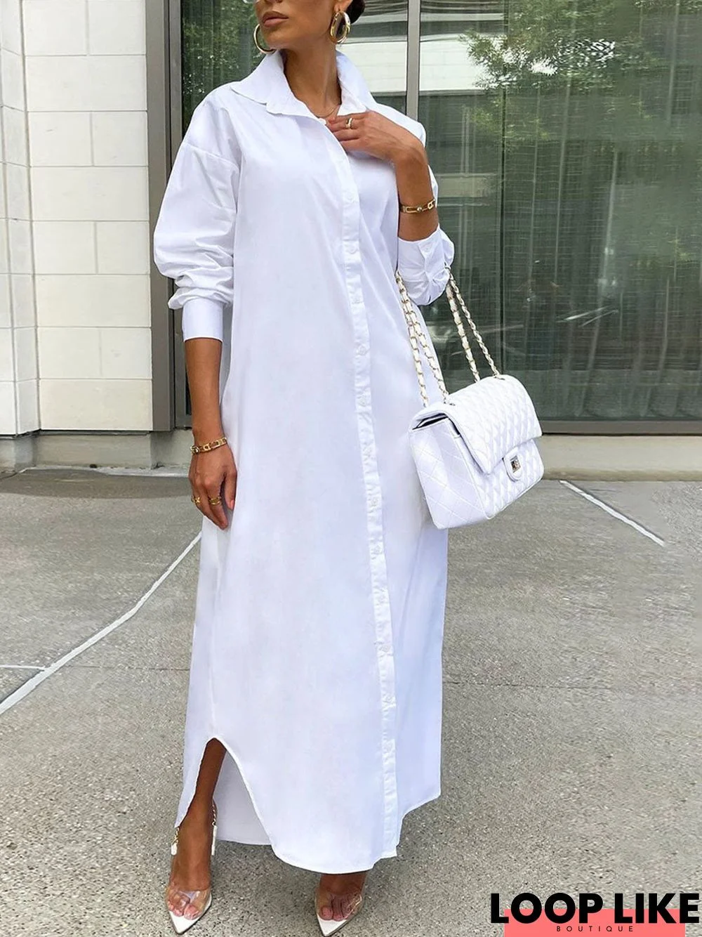 Simple Loosen Plain Long Sleeve Woven Maxi Dress