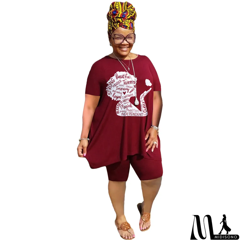 MidiSono - Plus Size Women'S Print Short Sleeve T-Shirt Shorts Two-Piece Casual Set