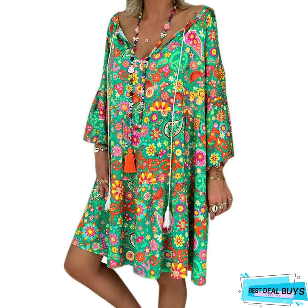 V-neck drawstring loose midi skirt dress