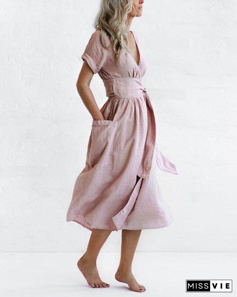 Elegant Solid V Neck Linen Bandage Waist Dresses