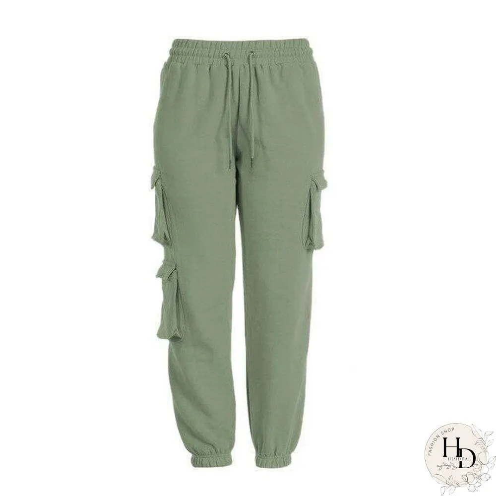 Multi-pocket Sweatpants Women Casual High Elastic Waist Drawstring