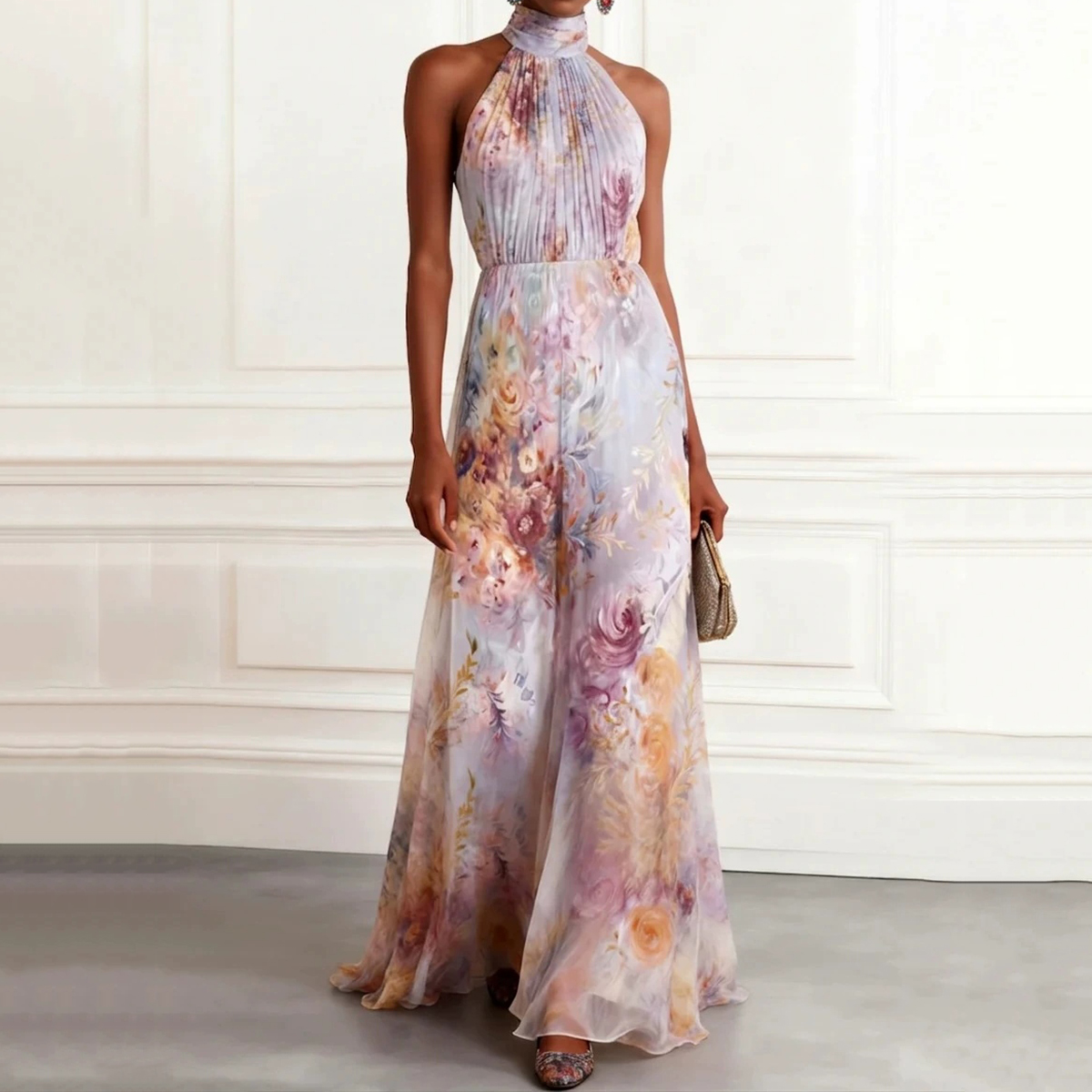 Elegant Halterneck Printed Sleeveless Dress elevenforest