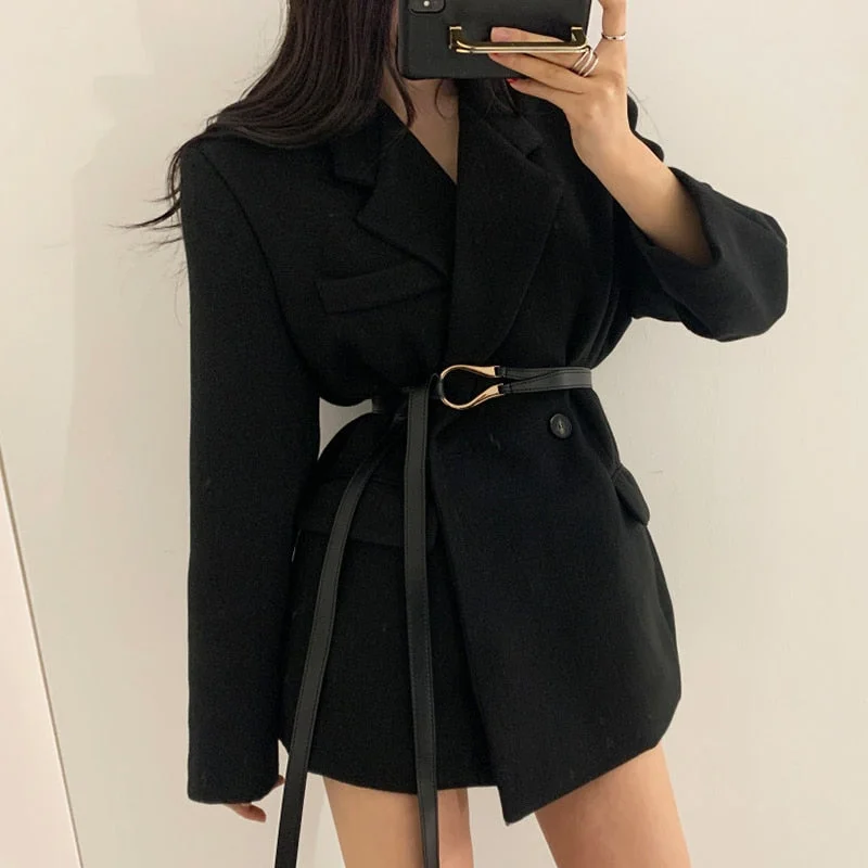 UForever21 Autumn Winter Women Short Coat With Belt Long Sleeve Thick Turn-Down Collar Double Breasted Minimalist Korean Ladies Jacket