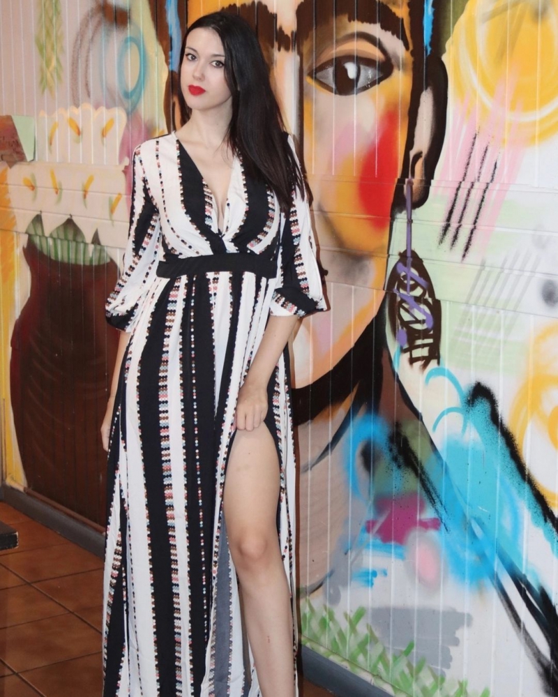 Striped Side Slit Long Sleeve V Neck Dress