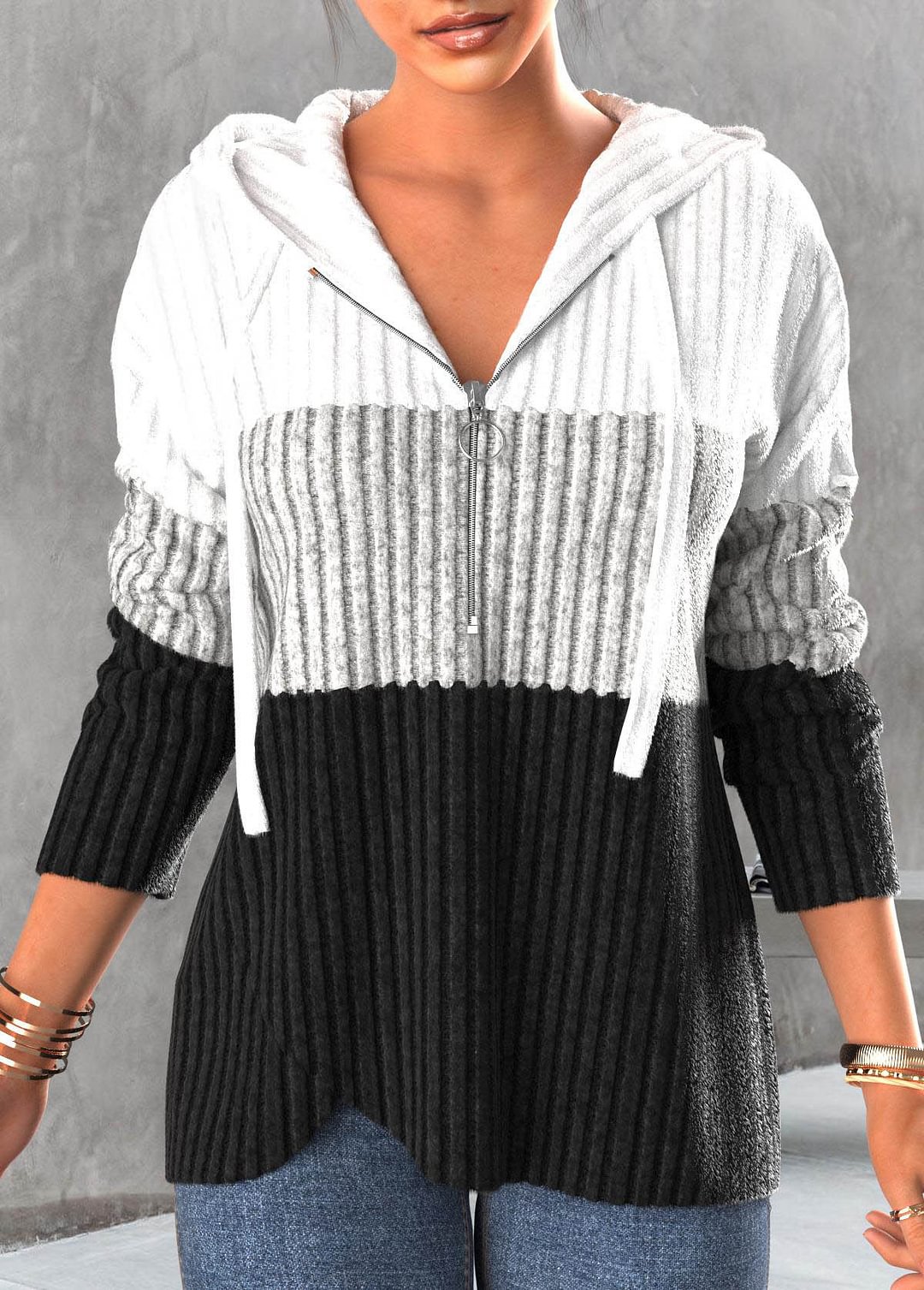 Color Block Zipper Casual Women's Hoodie