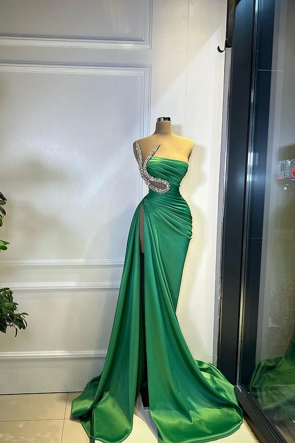 Daisda Mermaid Green Sleeveless Strapless Beads Prom Dress