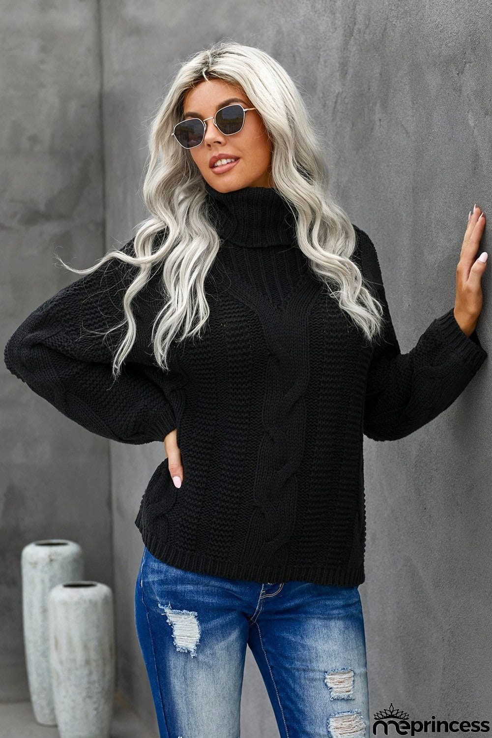Winter Black Oversize Turtleneck Textured Womens Sweater