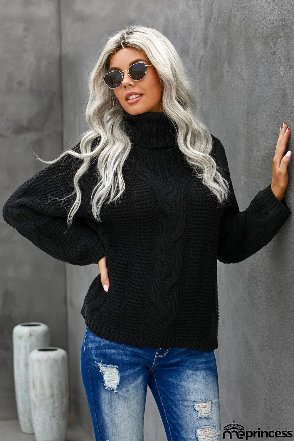 Winter Black Oversize Turtleneck Textured Womens Sweater