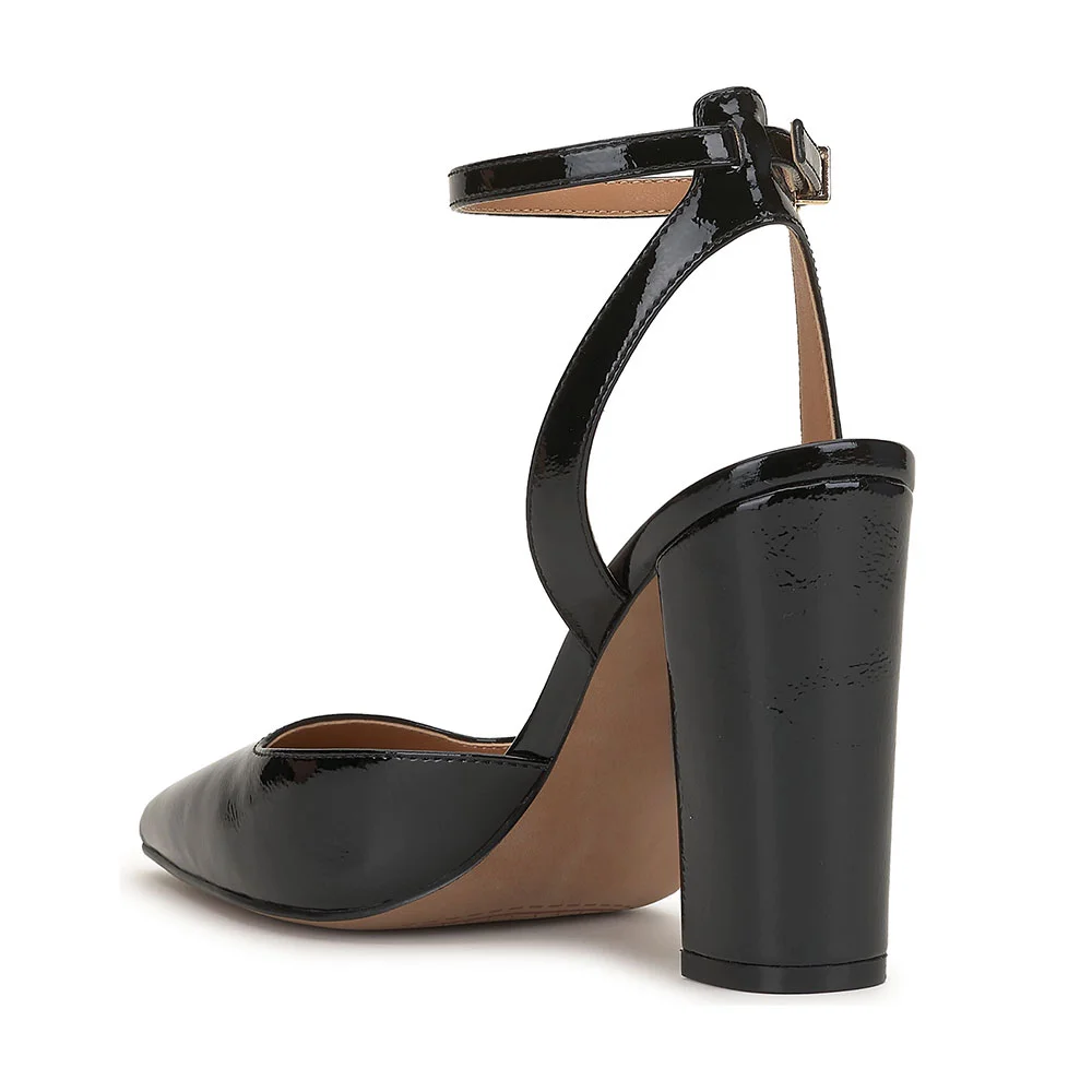 Women's Elegant Black Pointed Toe Ankle Strap Heels with Buckle