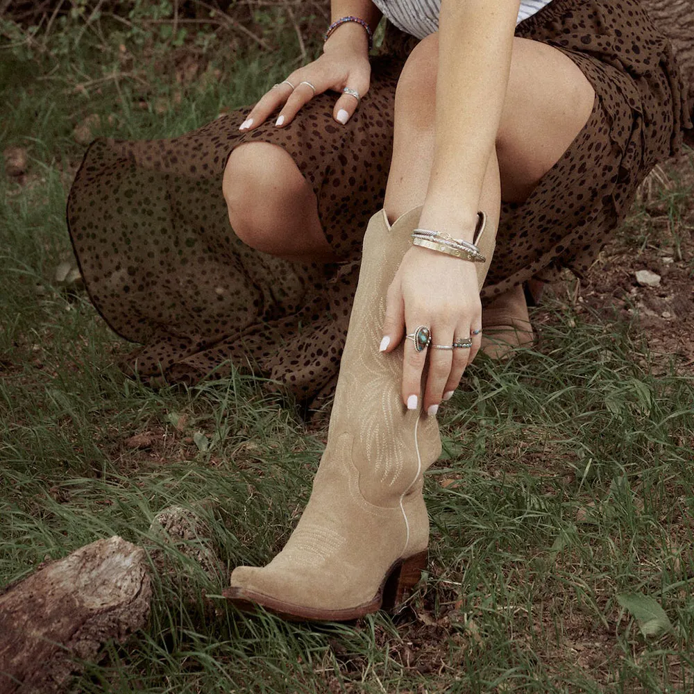 Khaki Snip Toe Embroidered Chunky Heel Western Boots for Women