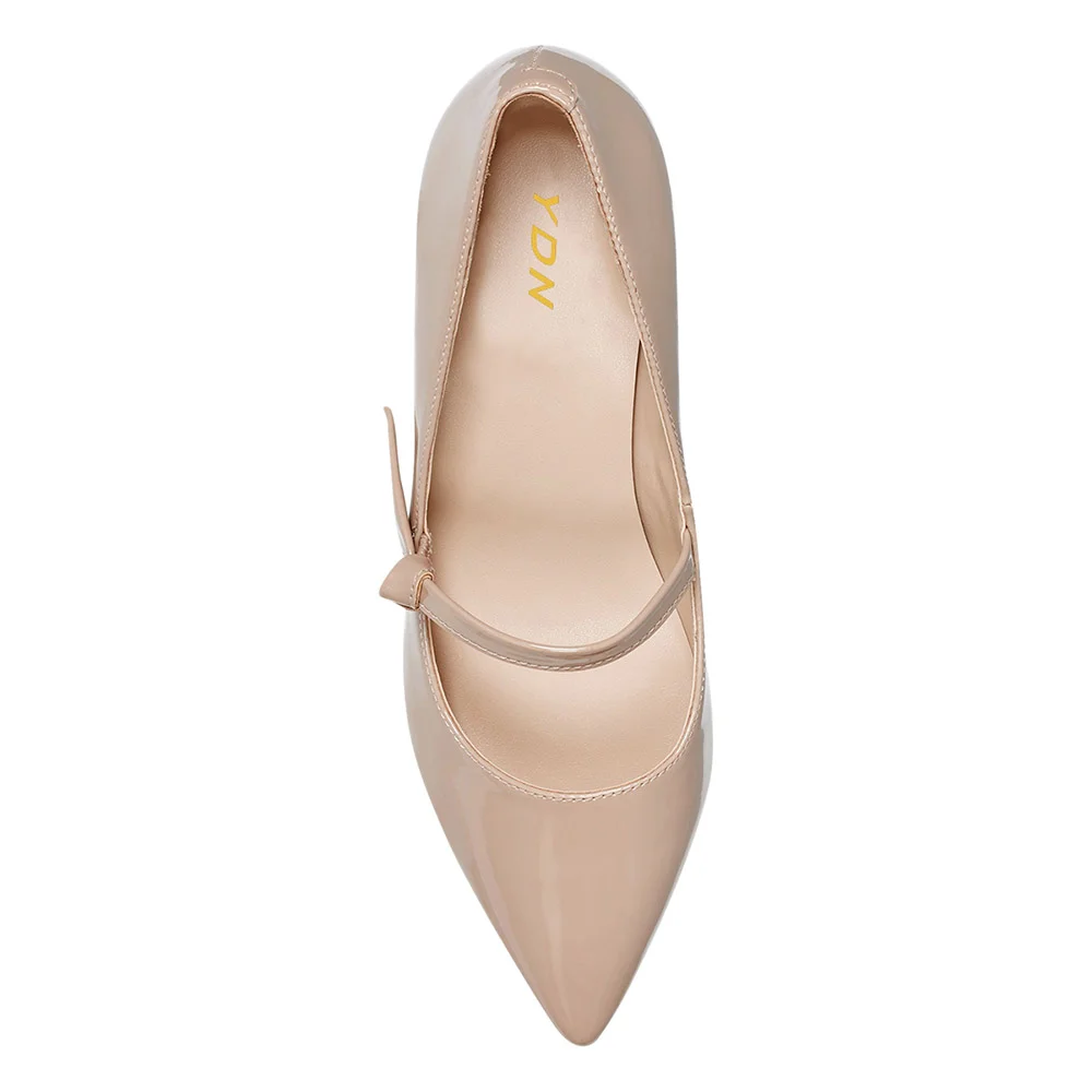 YDN Nude Patent Leather Pointed Toe Elegant Mary Jane Heels