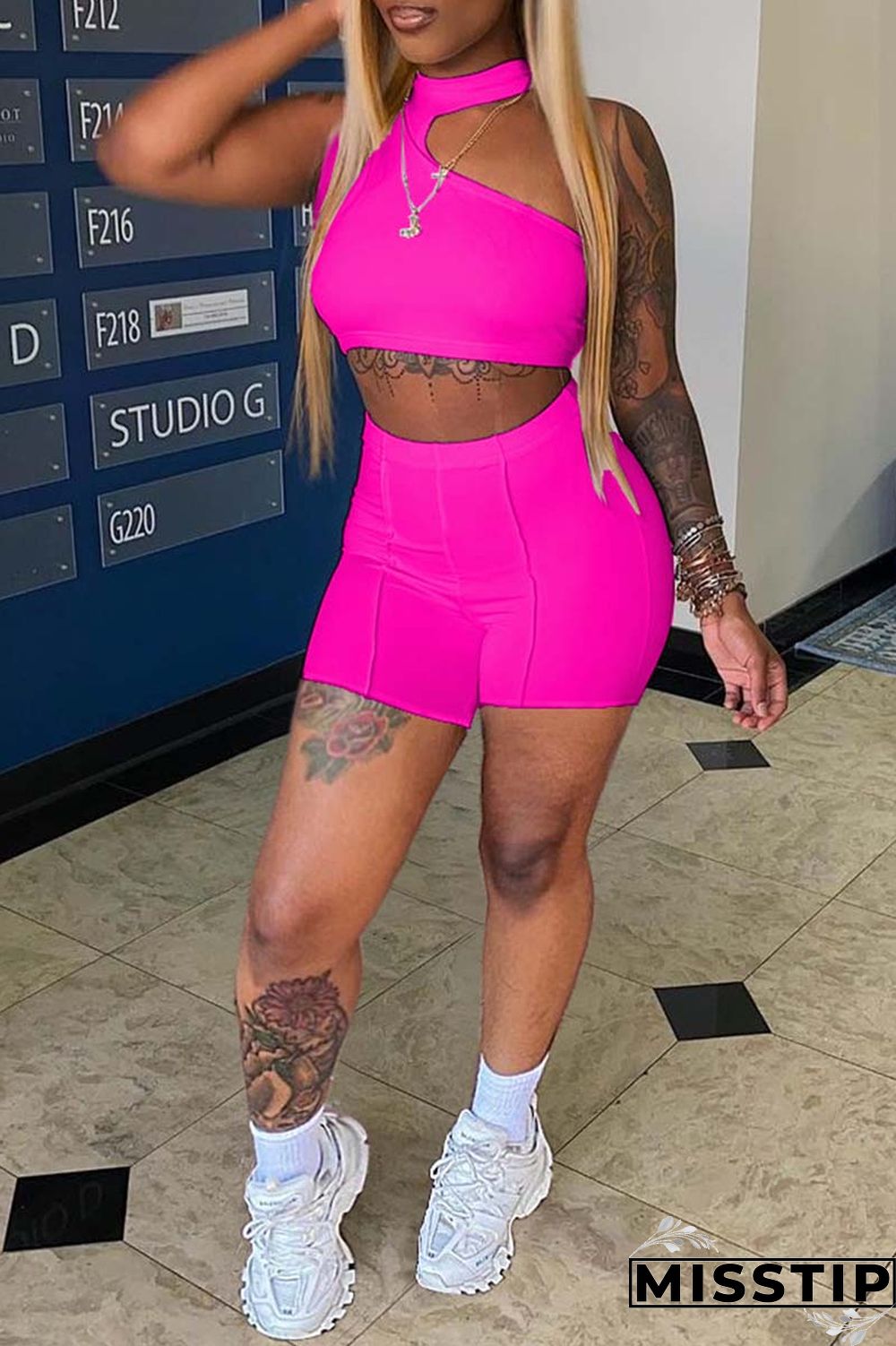 Orange Sexy Casual Solid Hollowed Out Half A Turtleneck Sleeveless Two Pieces