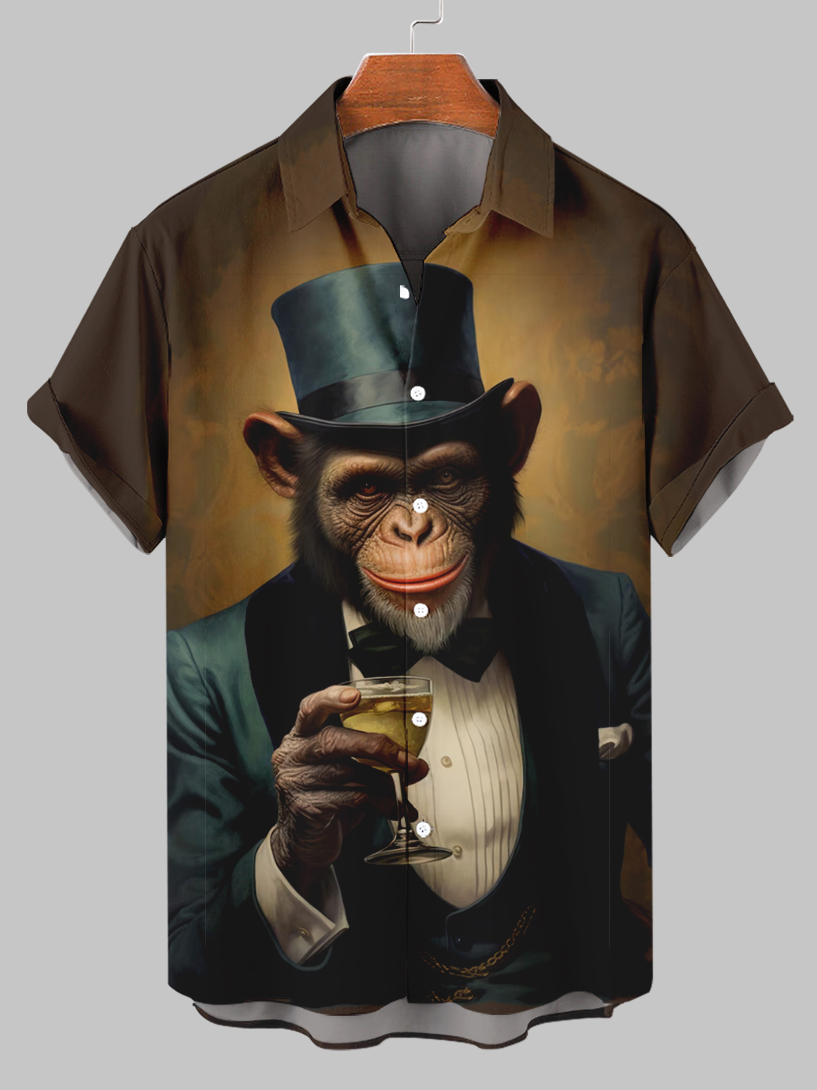 Men's Shirt Collar Drinking Orangutan Print Casual Short Sleeve Shirt PLUSCLOTHESMAN