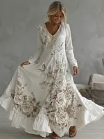 Women's Vintage Boho White Floral Lace Art Flowy Maxi Dress
